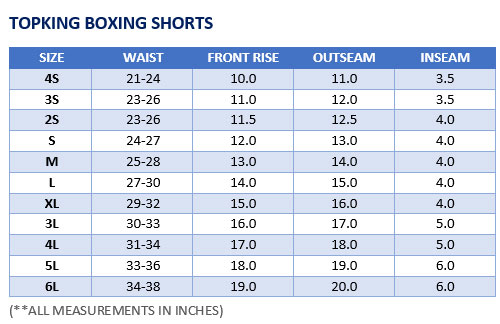 Top King Boxing Shorts Sizing Chart