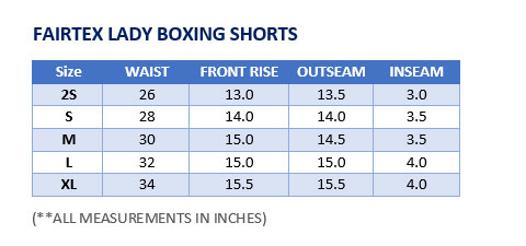 Fairtex Lady Boxing Shorts Sizing Chart