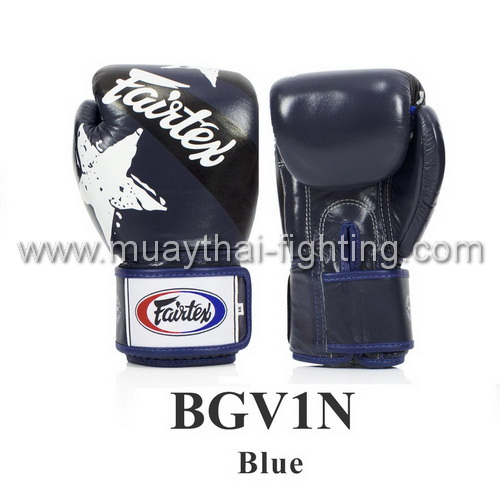 Fairtex Muay Thai Boxing Gloves BGV1 Nation Print Blue MMA K1 Training Sparring 