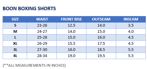 Boon Boxing Shorts Sizing Chart