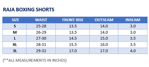 Raja Boxing Shorts Sizing Chart